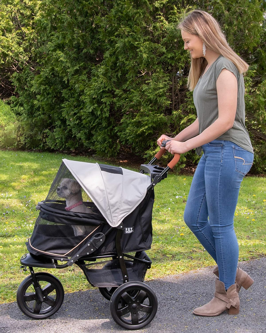 Pet Gear No-Zip AT3 Pet Stroller for Cats/Dogs, Zipperless Entry, Easy One-Hand Fold, Jogging Tires, Removable Liner, Cup Holder + Storage Basket, 1 Model, 2 Colors