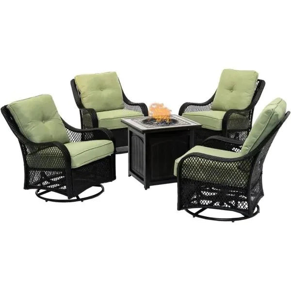 5-Piece Steel Patio Fire Pit Conversation Set with Navy Blue Cushions, Swivel Gliders and Square Fire Pit Table