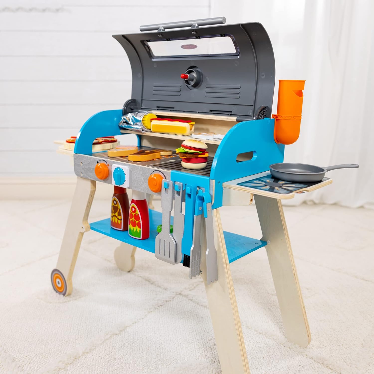 Wooden Luxury Grill, Smoker and Pizza Oven Toy Food Toy for Kids Pretend Cooking