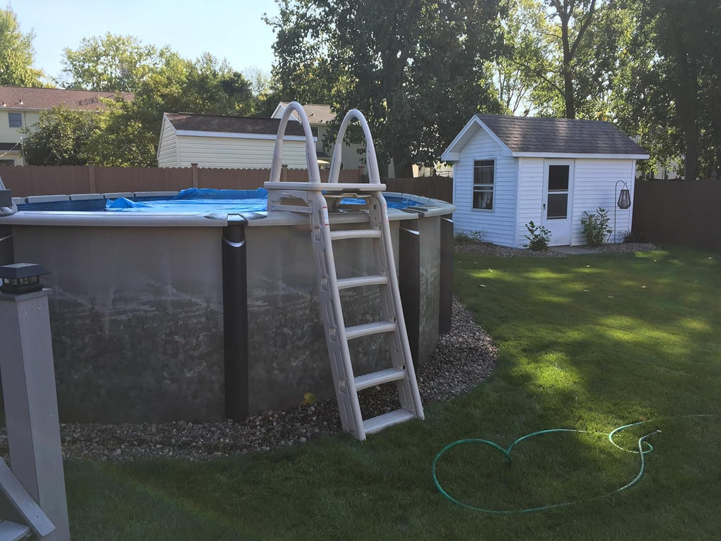 Confer Plastics 7200 Roll Guard 48" to 56" Adjustable A Frame Safety Ladder For Above Ground Outdoor Patio Swimming Pool Platform Ladder with Step Barrier, Warm Grey